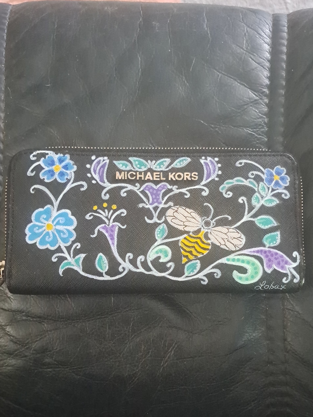 Hand Painted Leather Black Floral & Bee Zip Wallet with Blue and Purple Accents